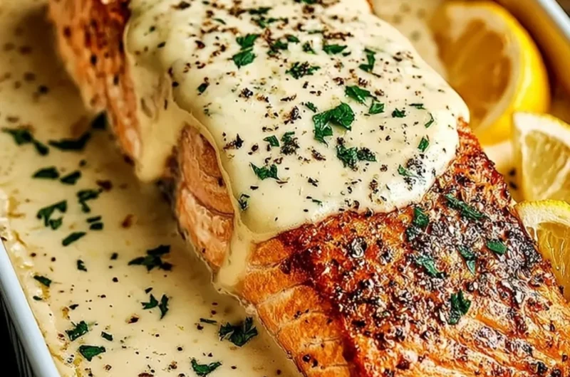 Baked Boursin Salmon with herbs on a plate, showcasing a creamy, flavorful dish.