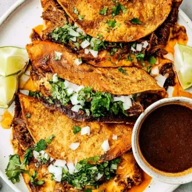 Delicious Beef Birria Tacos topped with melted cheese and herbs