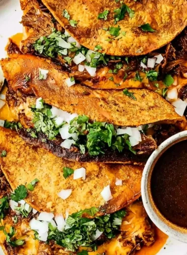 Delicious Beef Birria Tacos topped with melted cheese and herbs