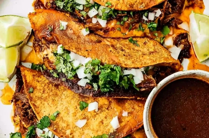 Delicious Beef Birria Tacos topped with melted cheese and herbs