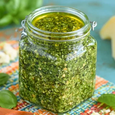 Delicious homemade basil pesto sauce made with fresh basil leaves and garlic.