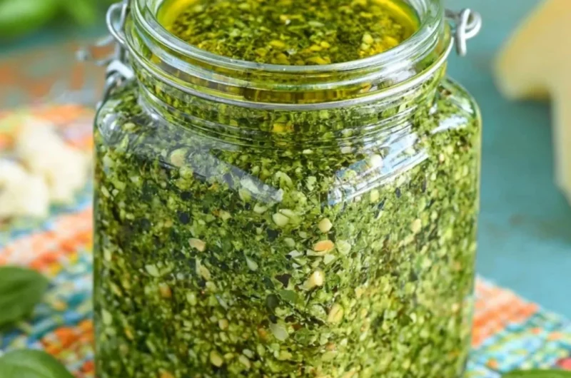 Delicious homemade basil pesto sauce made with fresh basil leaves and garlic.