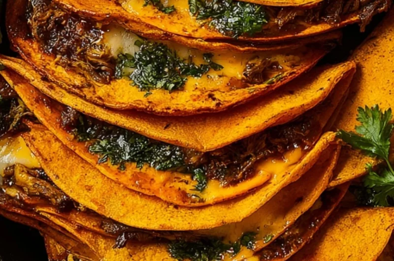 Delicious Birria Tacos served with herbs and sauce for a flavorful experience.