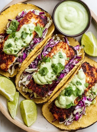 Delicious blackened fish tacos with avocado cream sauce