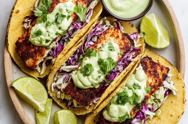 Delicious blackened fish tacos with avocado cream sauce