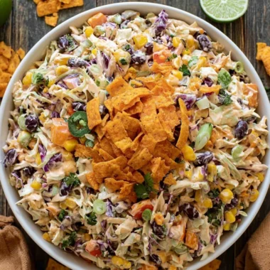 Bowl of bold flavor-packed coleslaw with colorful vegetables and dressing