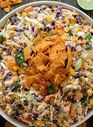 Bowl of bold flavor-packed coleslaw with colorful vegetables and dressing