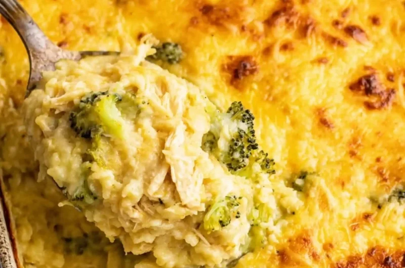 Broccoli, rice, cheese, and chicken casserole dish