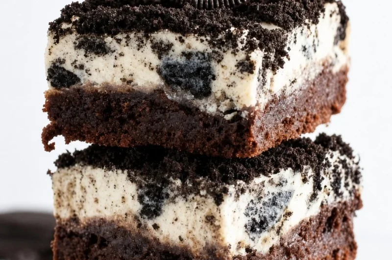 Brownie bottom Oreo cheesecake bars topped with cookie crumbles