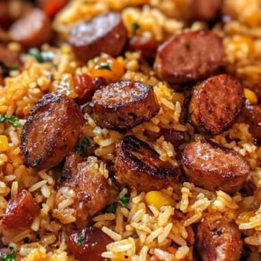 Cajun Sausage and Rice Skillet with spices and colorful ingredients