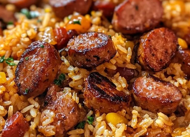 Cajun Sausage and Rice Skillet with spices and colorful ingredients