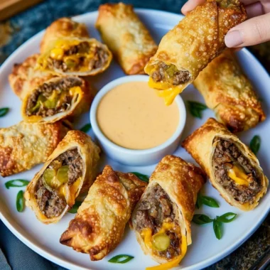 Cheeseburger eggroll with Grillo's Pickles served on a plate