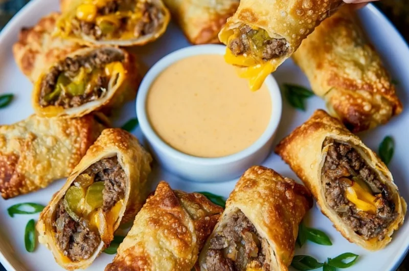 Cheeseburger eggroll with Grillo's Pickles served on a plate