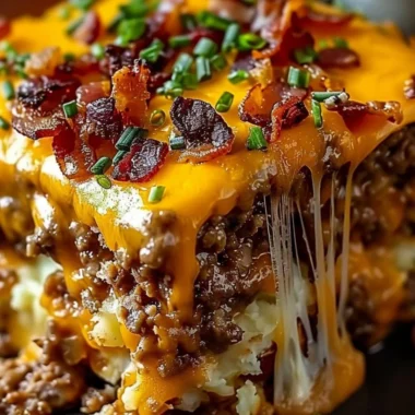 Cheesy Loaded Meatloaf Casserole topped with melted cheese and garnished