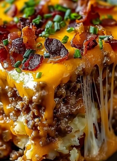 Cheesy Loaded Meatloaf Casserole topped with melted cheese and garnished