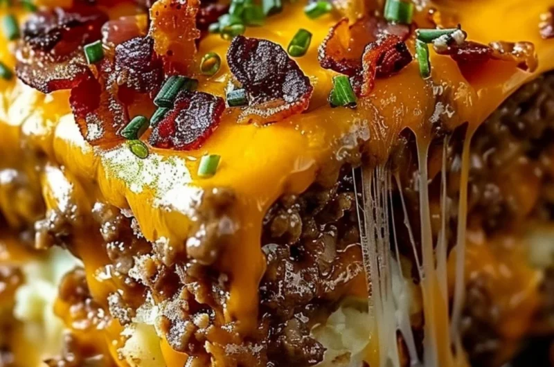 Cheesy Loaded Meatloaf Casserole topped with melted cheese and garnished
