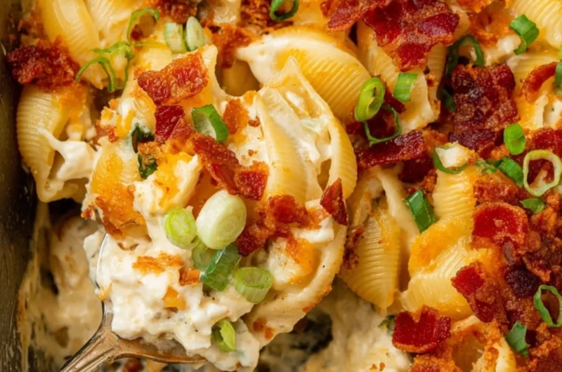 Delicious Chicken Bacon Ranch Casserole topped with crispy bacon and cheese