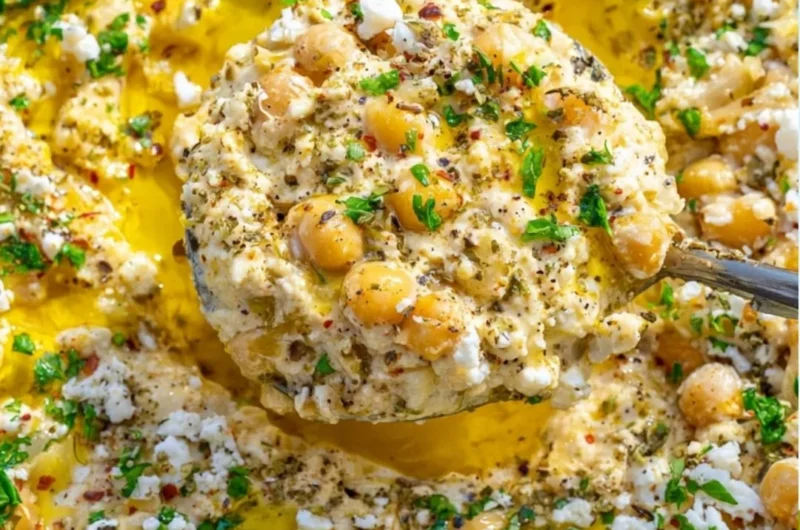 Chickpea Lemon Skillet with fresh vegetables and herbs served in a pan.