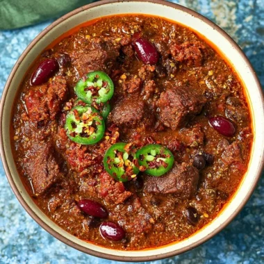 Delicious chili with beef short rib and chorizo served in a rustic bowl