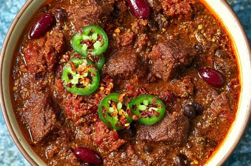 Delicious chili with beef short rib and chorizo served in a rustic bowl