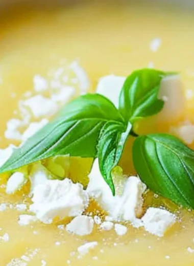 A refreshing bowl of chilled pineapple soup garnished with mint leaves.