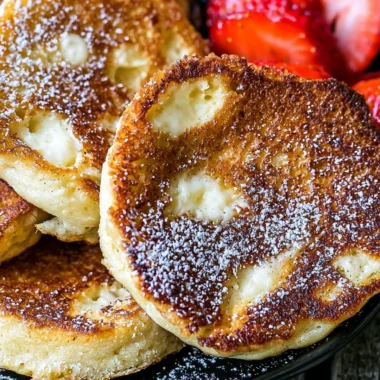 Fluffy cottage cheese pancakes stacked on a plate with syrup and berries