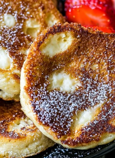 Fluffy cottage cheese pancakes stacked on a plate with syrup and berries