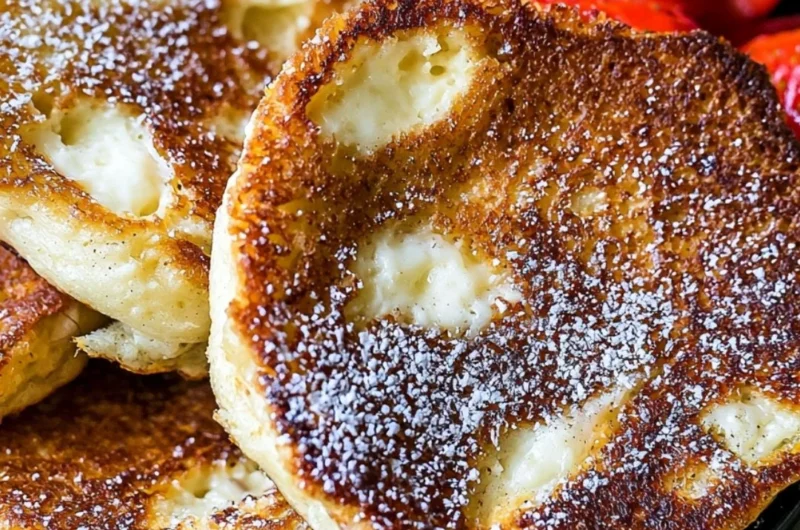Fluffy cottage cheese pancakes stacked on a plate with syrup and berries