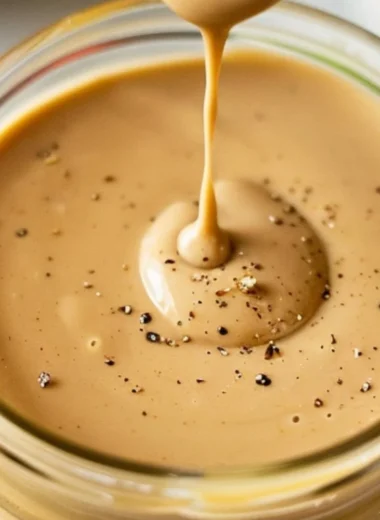 Creamy balsamic dressing poured over a fresh salad.