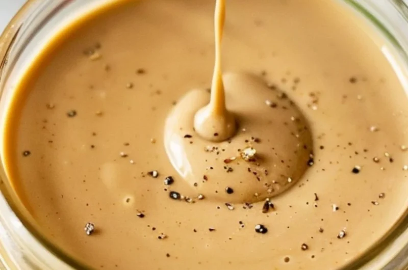 Creamy balsamic dressing poured over a fresh salad.