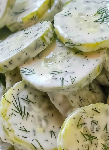 Creamy cucumber salad with fresh ingredients in a bowl