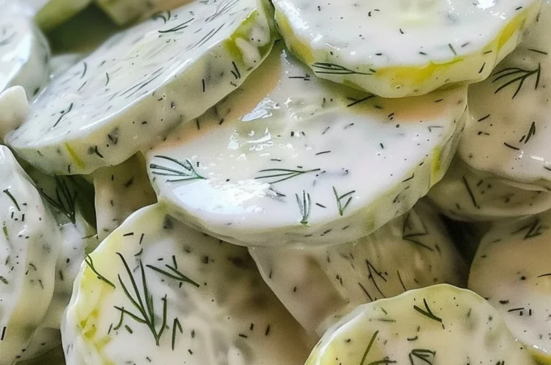 Creamy cucumber salad with fresh ingredients in a bowl