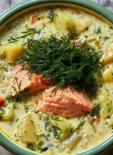 Bowl of creamy dill salmon soup with potatoes and leeks garnished with fresh dill.
