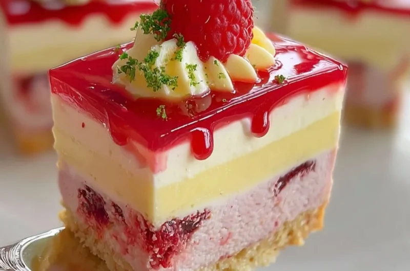 Creamy raspberry cheesecake topped with fresh raspberries and drizzled with sauce.