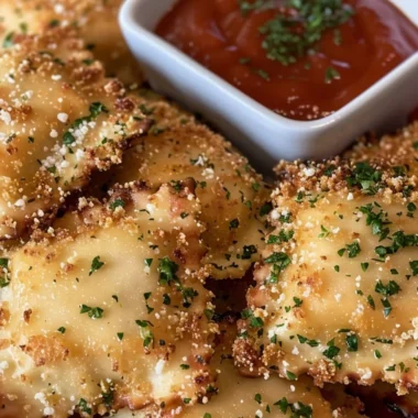 Crispy air fryer ravioli arranged on a plate with dipping sauce.
