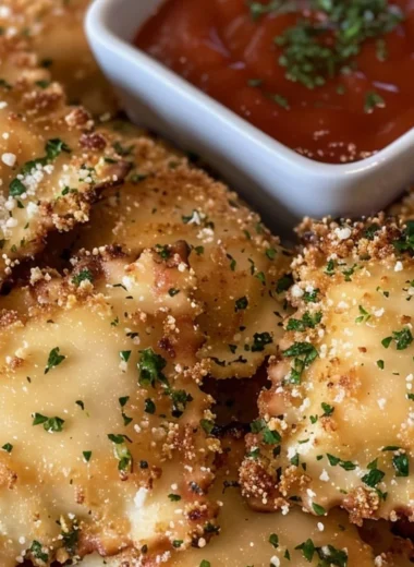 Crispy air fryer ravioli arranged on a plate with dipping sauce.