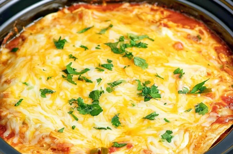Crockpot Chicken Enchilada Casserole topped with cheese and fresh toppings