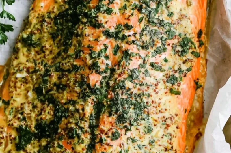 Plate of Dijon Baked Salmon garnished with herbs and lemon slices