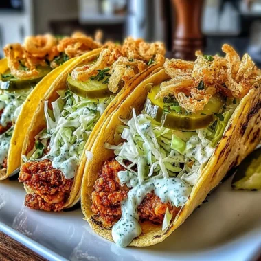 Delicious Dill Pickle Ranch Smash Chicken Tacos ready to serve.