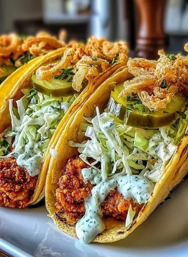 Delicious Dill Pickle Ranch Smash Chicken Tacos ready to serve.