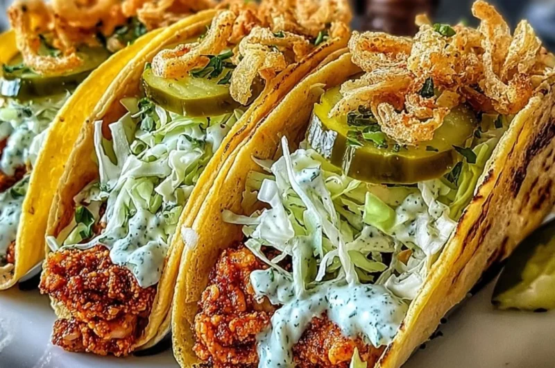 Delicious Dill Pickle Ranch Smash Chicken Tacos ready to serve.