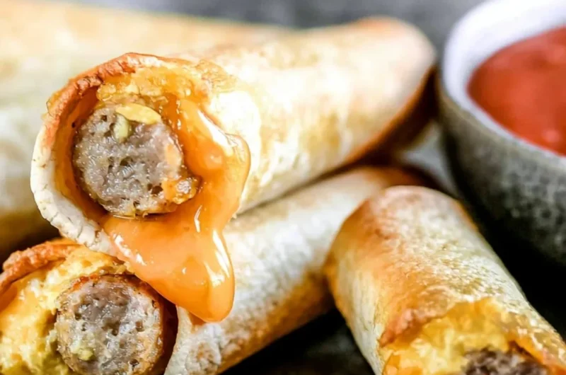 Plate of easy breakfast taquitos with eggs, cheese, and salsa
