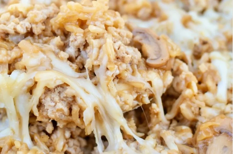 Easy ground turkey skillet casserole with vegetables and cheese