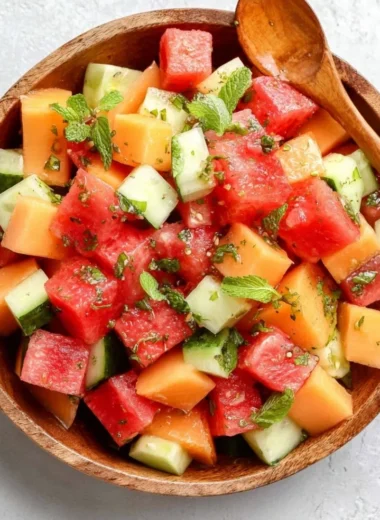 Easy melon salad with honey lime dressing served in a bowl.