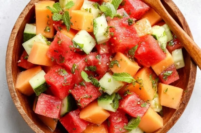 Easy melon salad with honey lime dressing served in a bowl.
