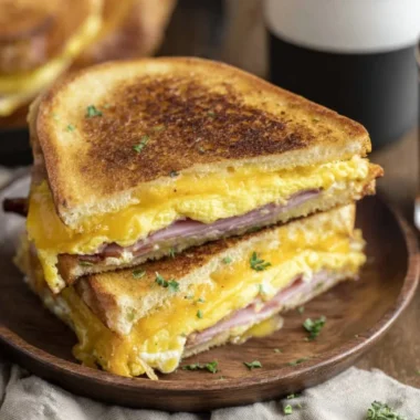 Delicious egg and ham breakfast served on a plate