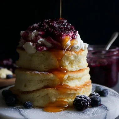 Fluffy Japanese soufflé pancakes served with syrup and fruit