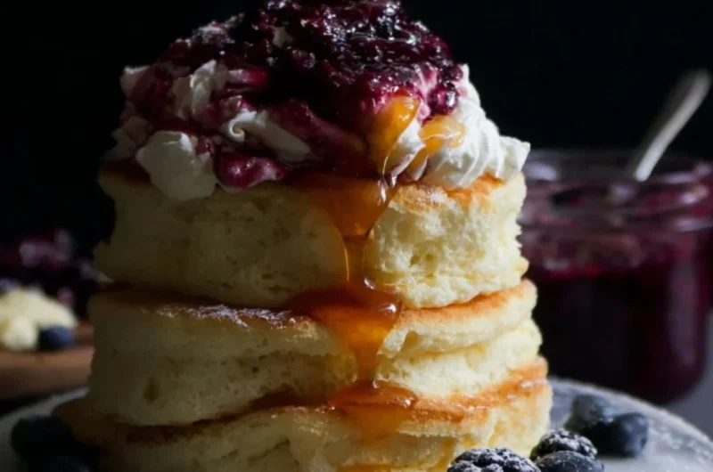 Fluffy Japanese soufflé pancakes served with syrup and fruit