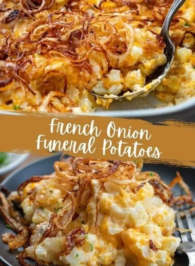 Baked French Onion Funeral Potatoes topped with crispy onions