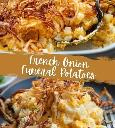 Baked French Onion Funeral Potatoes topped with crispy onions